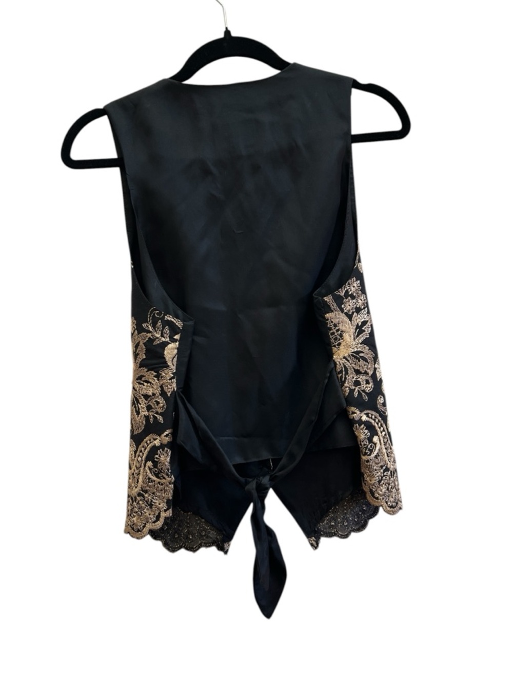 Vintage ICE Embroidered Vest Black Gold Boho Tie Back Cottagecore M - Picture 2 of 5